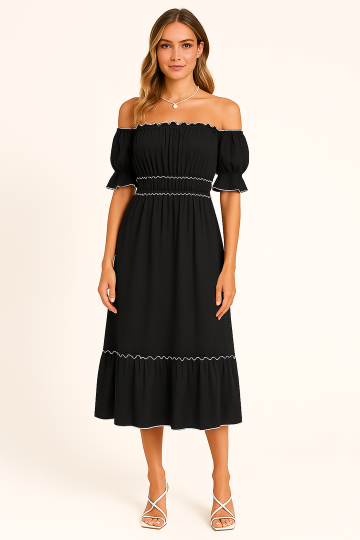 Women's Midi Dress – Off-Shoulder – Puff Sleeve – Elastic Waist – A-Line Lightweight Fit