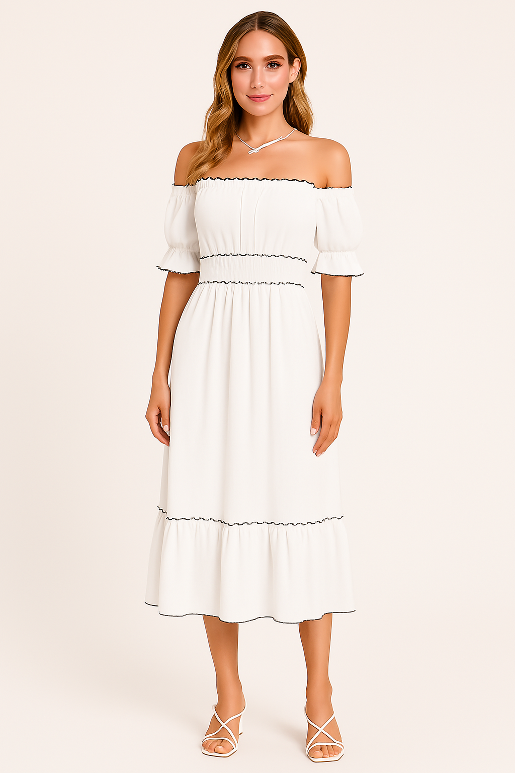 Women's Midi Dress – Off-Shoulder – Puff Sleeve – Elastic Waist – A-Line Lightweight Fit