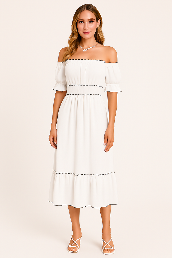 Women's Midi Dress – Off-Shoulder – Puff Sleeve – Elastic Waist – A-Line Lightweight Fit