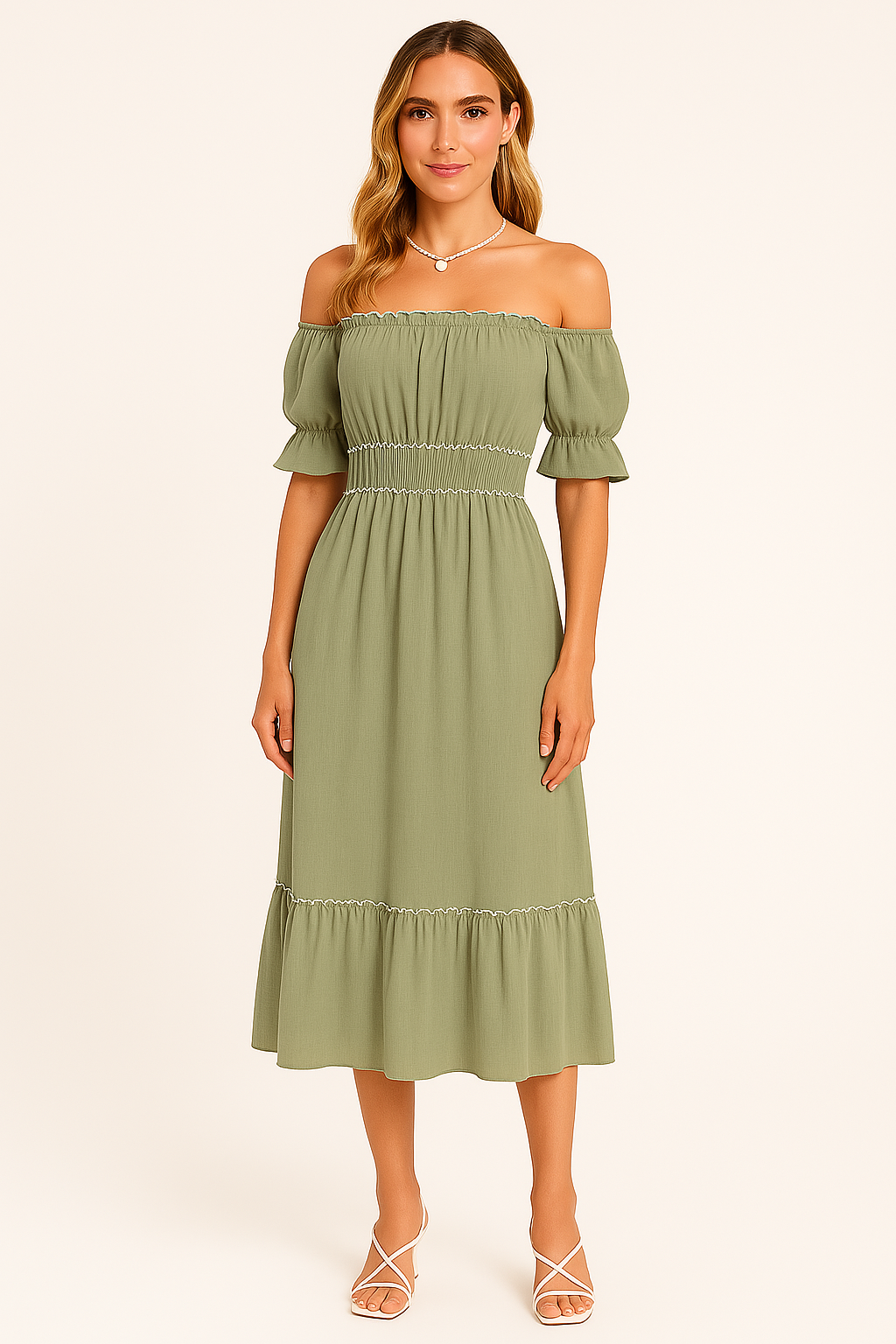 Women's Midi Dress – Off-Shoulder – Puff Sleeve – Elastic Waist – A-Line Lightweight Fit