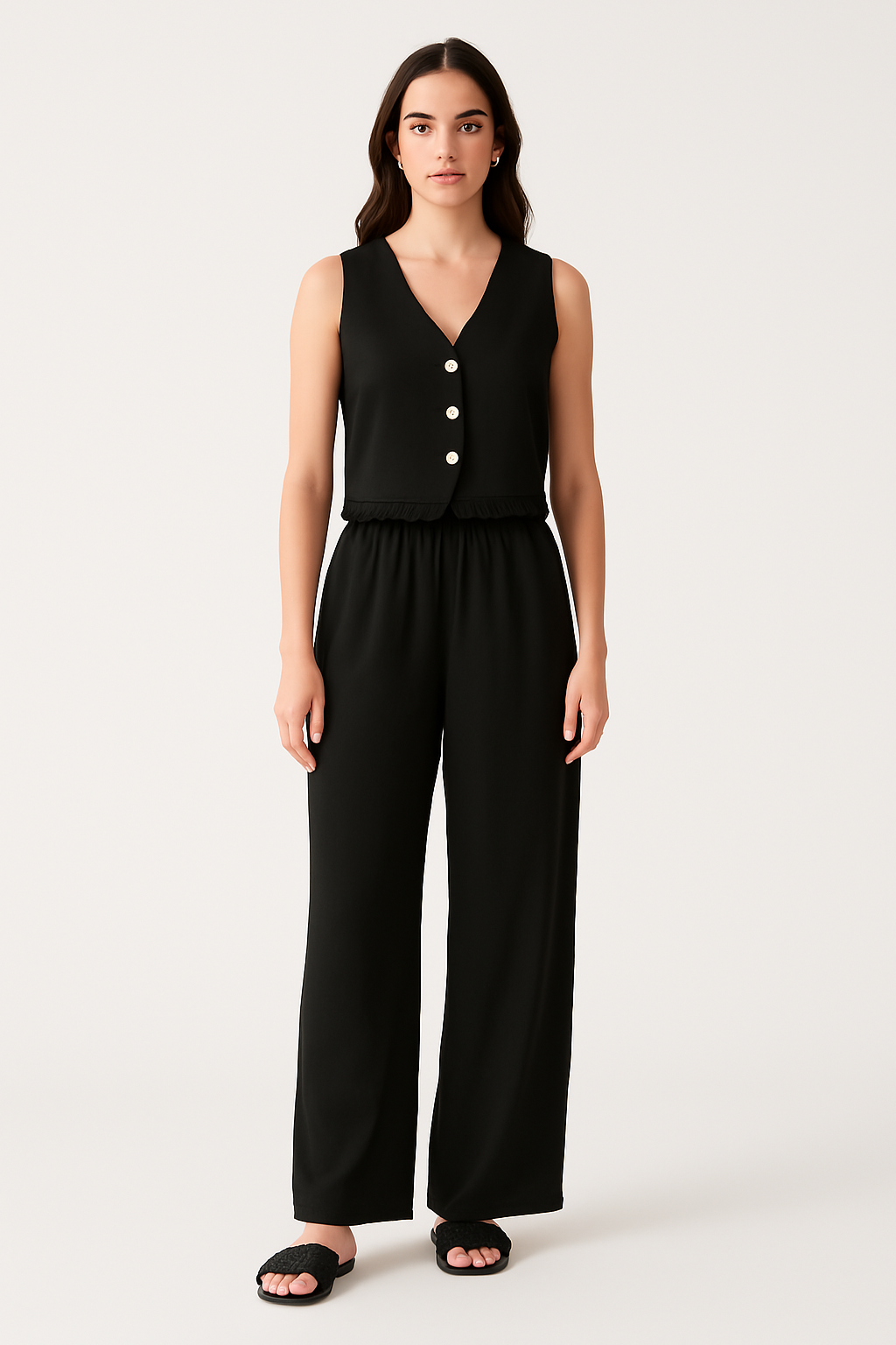 Women’s Vest and Pants Set – Tailored Fit – V-Neck Sleeveless – Lace Trim – Breathable Blend