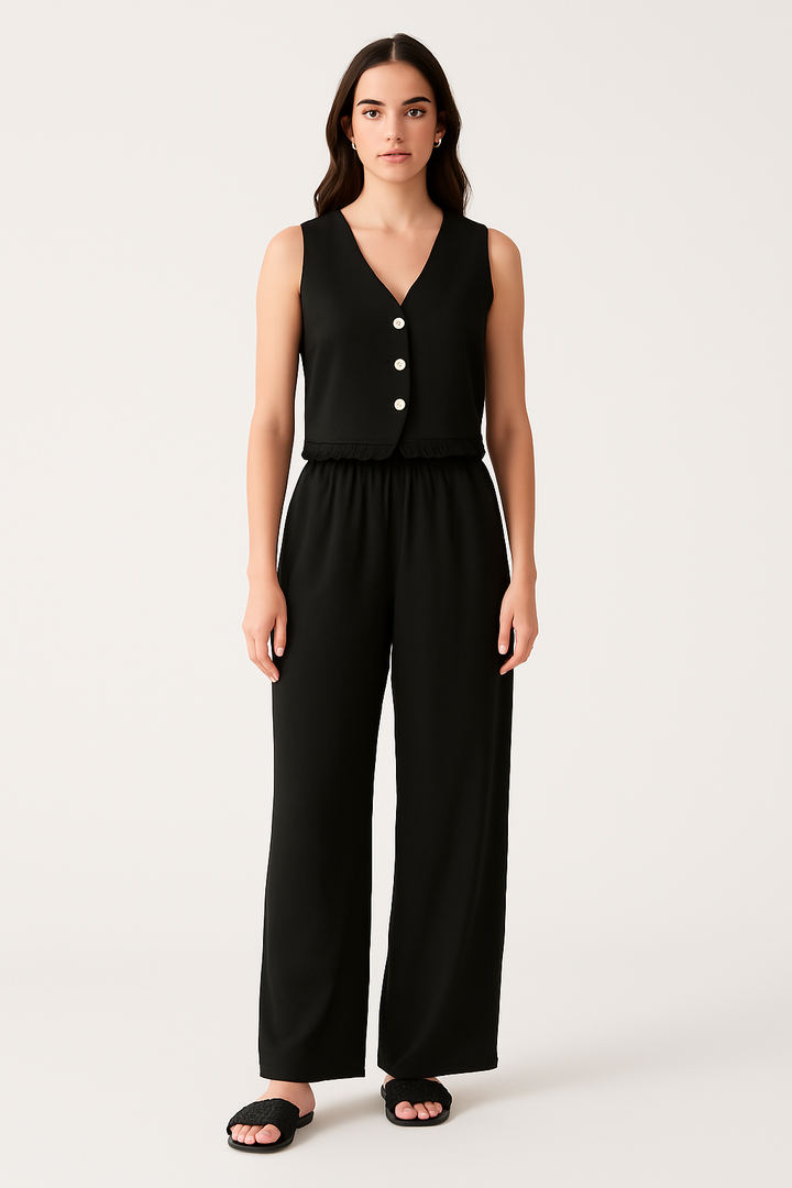 Women’s Vest and Pants Set – Tailored Fit – V-Neck Sleeveless – Lace Trim – Breathable Blend