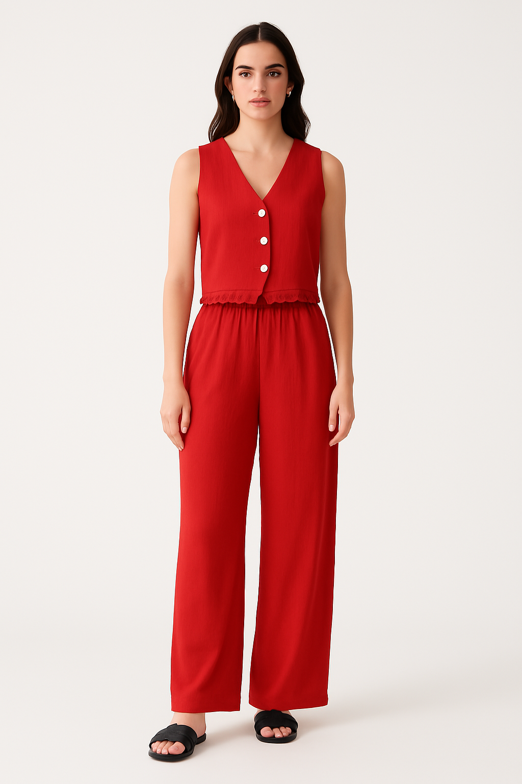 Women’s Vest and Pants Set – Tailored Fit – V-Neck Sleeveless – Lace Trim – Breathable Blend