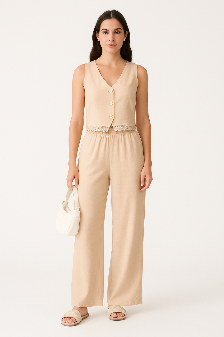 Women’s Vest and Pants Set – Tailored Fit – V-Neck Sleeveless – Lace Trim – Breathable Blend