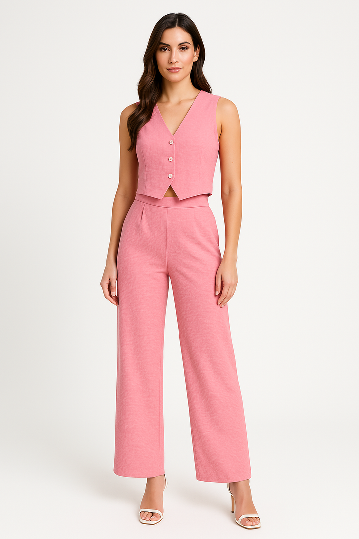 Women’s Vest and Trouser Set – Slim Fit – Wide Leg Pants – V-Neck Button Front