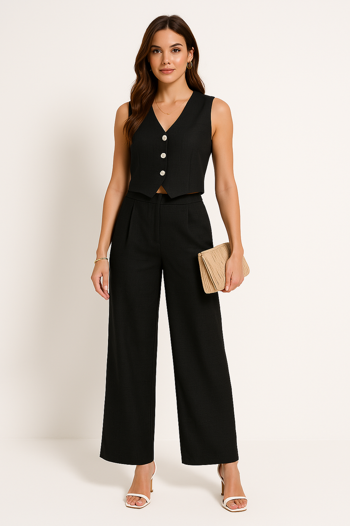 Women’s Vest and Trouser Set – Slim Fit – Wide Leg Pants – V-Neck Button Front