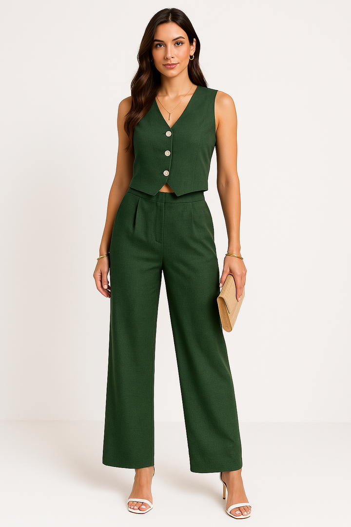Women’s Vest and Trouser Set – Slim Fit – Wide Leg Pants – V-Neck Button Front