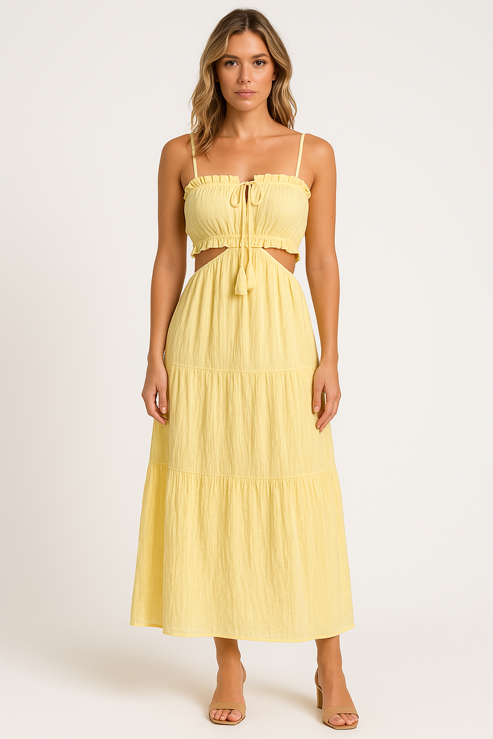 Women’s Sundress – Lightweight Cotton-Linen – Tiered Skirt – Cut-Out Waist – Spaghetti Straps