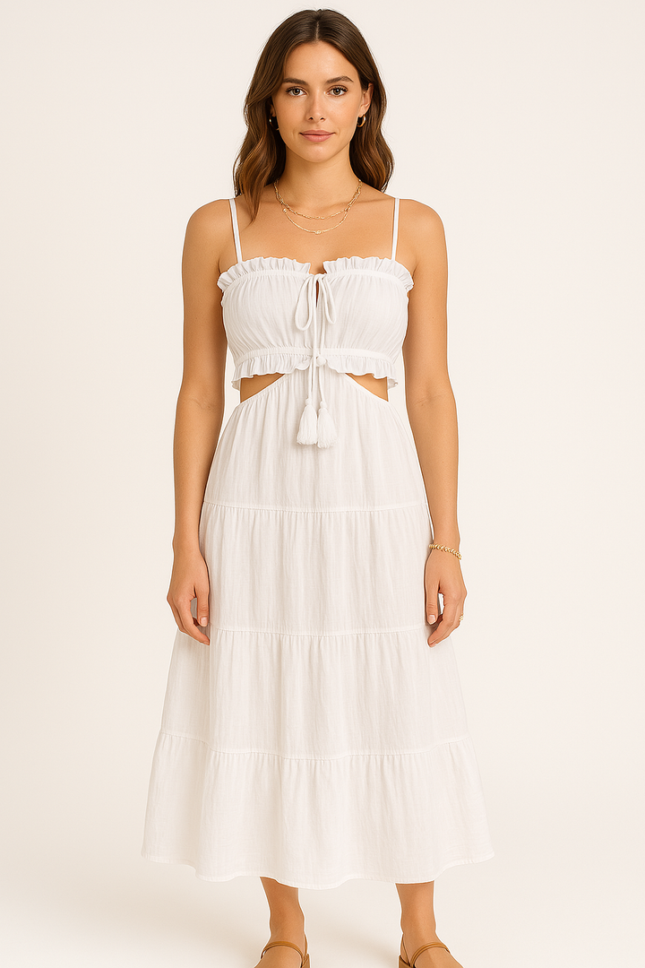 Women’s Sundress – Lightweight Cotton-Linen – Tiered Skirt – Cut-Out Waist – Spaghetti Straps