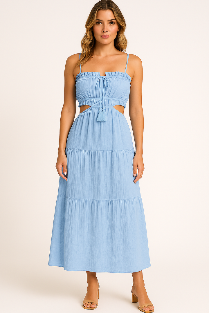 Women’s Sundress – Lightweight Cotton-Linen – Tiered Skirt – Cut-Out Waist – Spaghetti Straps