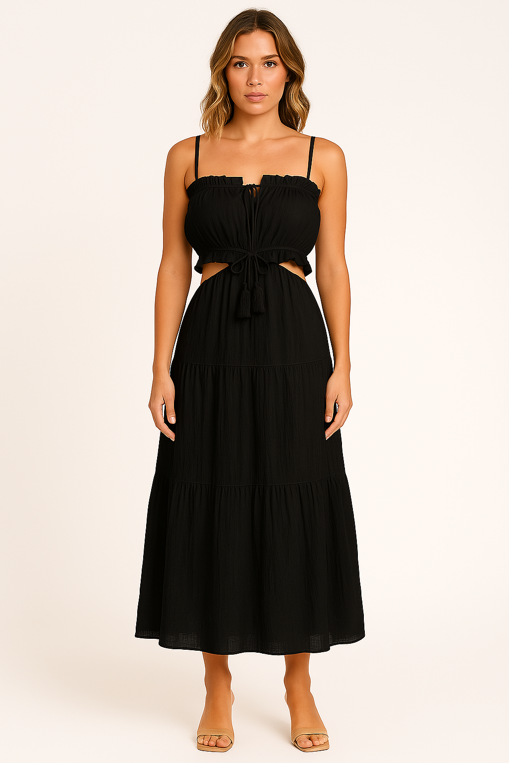 Women’s Sundress – Lightweight Cotton-Linen – Tiered Skirt – Cut-Out Waist – Spaghetti Straps