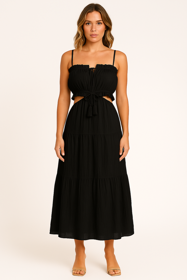 Women’s Sundress – Lightweight Cotton-Linen – Tiered Skirt – Cut-Out Waist – Spaghetti Straps