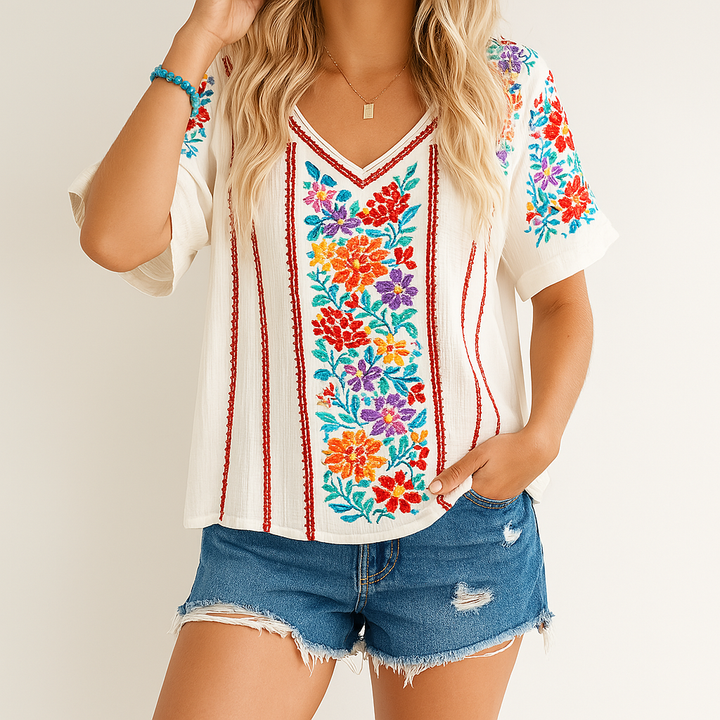 Women’s V-Neck T-Shirt – Relaxed Fit – Floral Embroidery – Breathable Cotton Blend