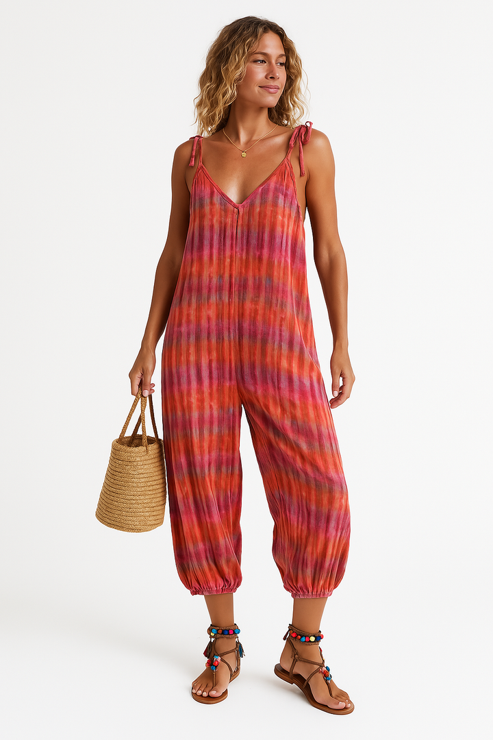 Women’s Jumpsuit – V-Neck – Tie-Dye Pattern – Elastic Cuffs – Adjustable Straps – Loose Fit