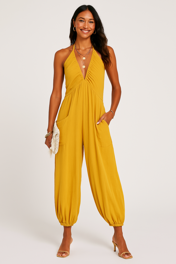 Women’s Halter Jumpsuit – Ruched Bodice – Fitted Waist – Wide Leg – Open Back