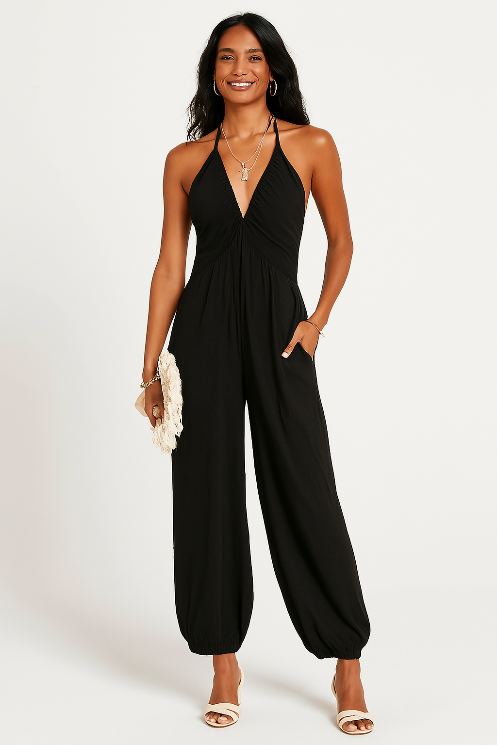 Women’s Halter Jumpsuit – Ruched Bodice – Fitted Waist – Wide Leg – Open Back