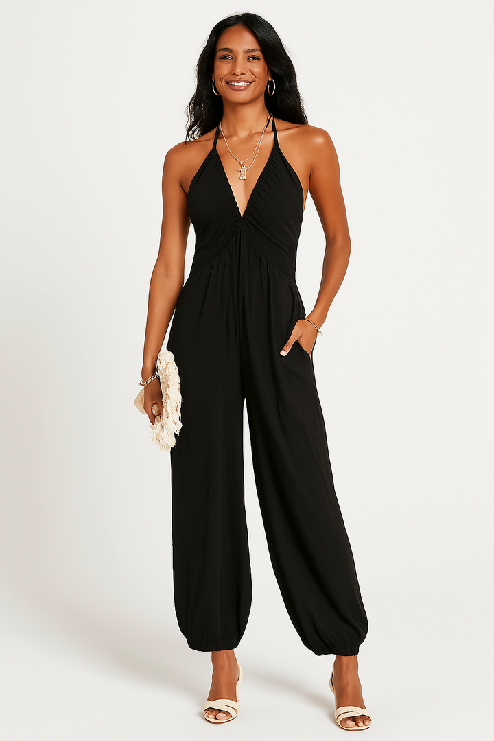 Women’s Halter Jumpsuit – Ruched Bodice – Fitted Waist – Wide Leg – Open Back