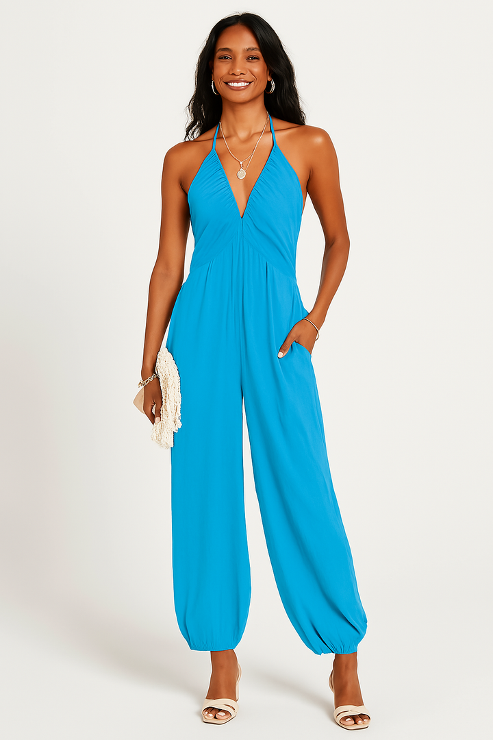 Women’s Halter Jumpsuit – Ruched Bodice – Fitted Waist – Wide Leg – Open Back