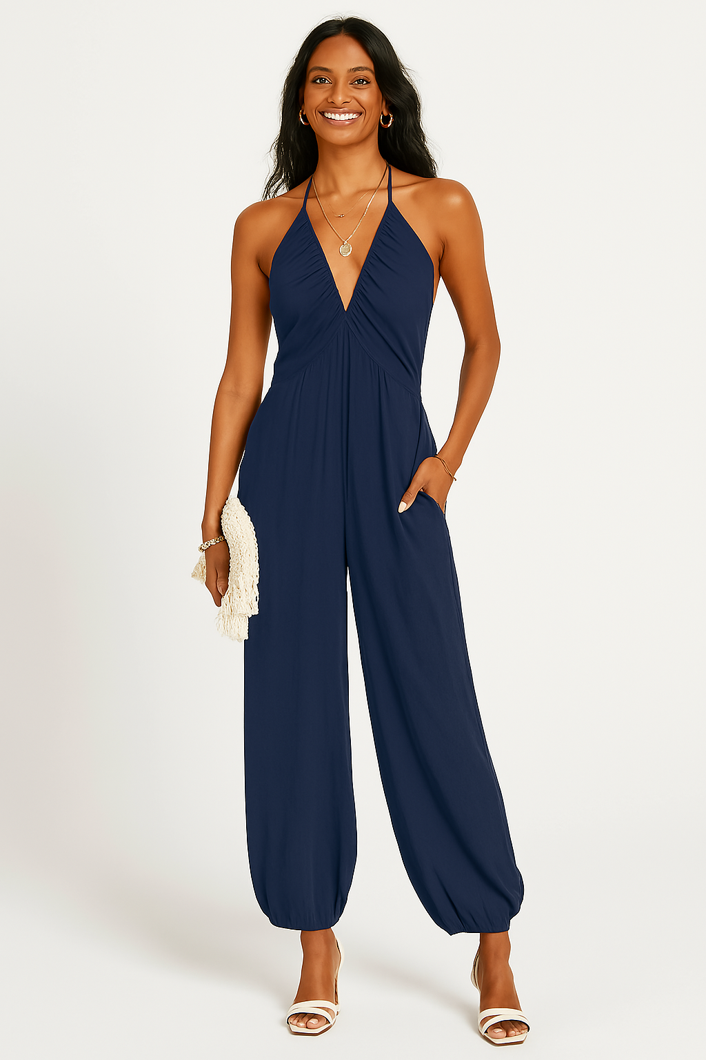 Women’s Halter Jumpsuit – Ruched Bodice – Fitted Waist – Wide Leg – Open Back