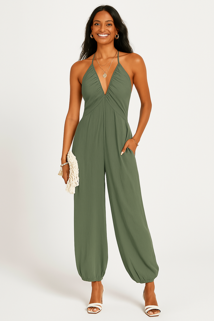 Women’s Halter Jumpsuit – Ruched Bodice – Fitted Waist – Wide Leg – Open Back