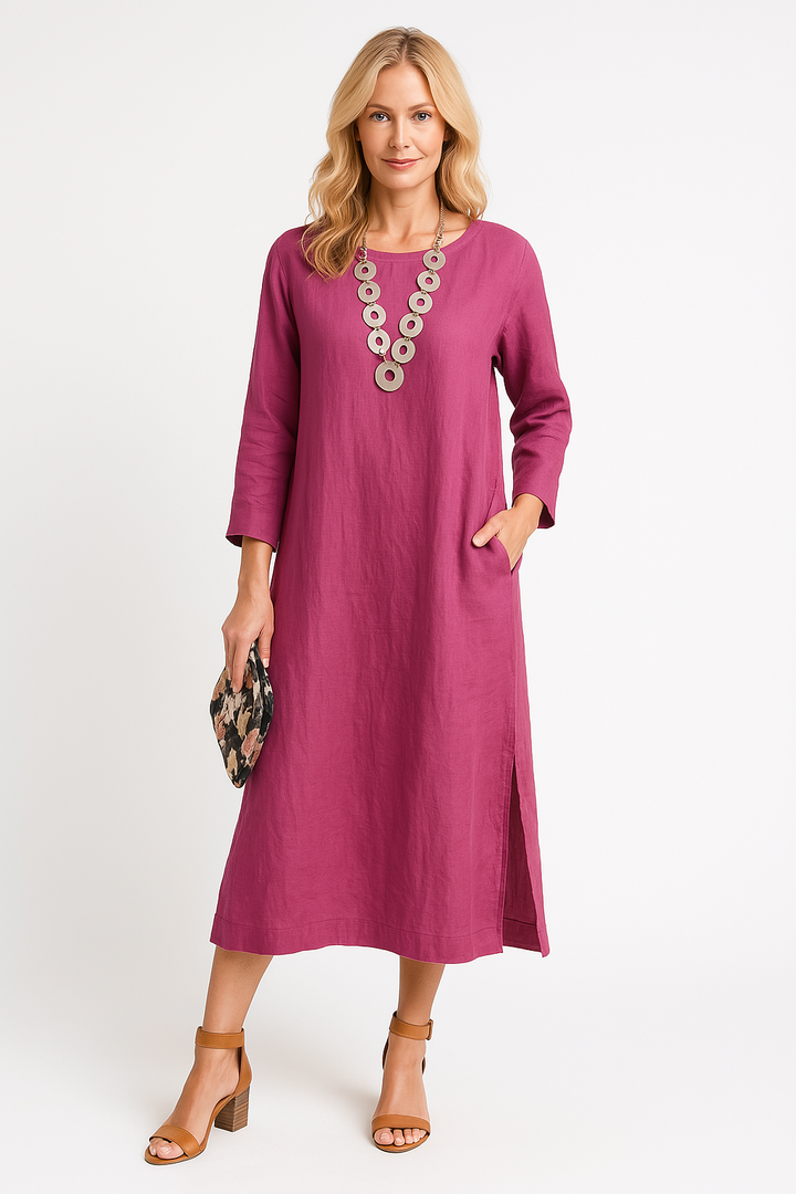 Women’s Midi Dress - Lightweight Linen Blend - Relaxed Fit - Long Sleeve with Pockets