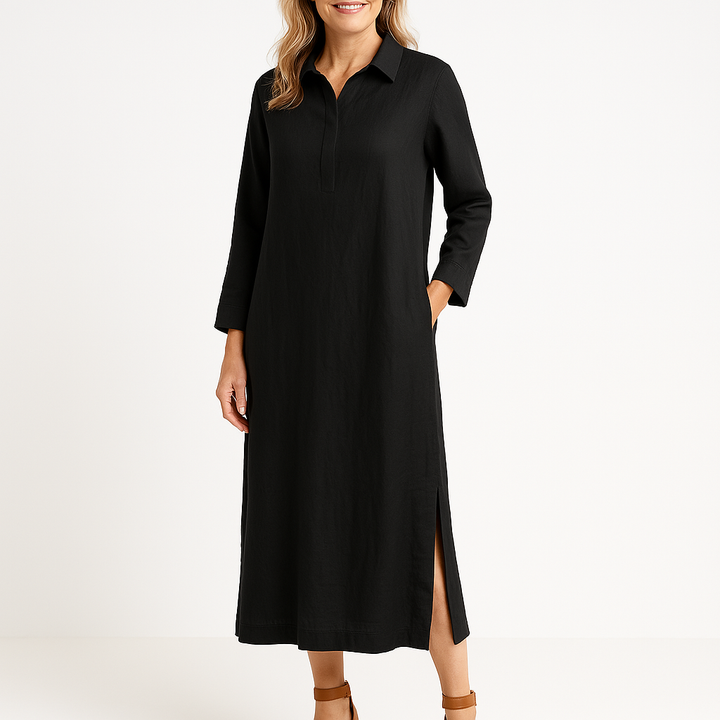 Women’s Midi Dress - Lightweight Linen Blend - Relaxed Fit - Long Sleeve with Pockets