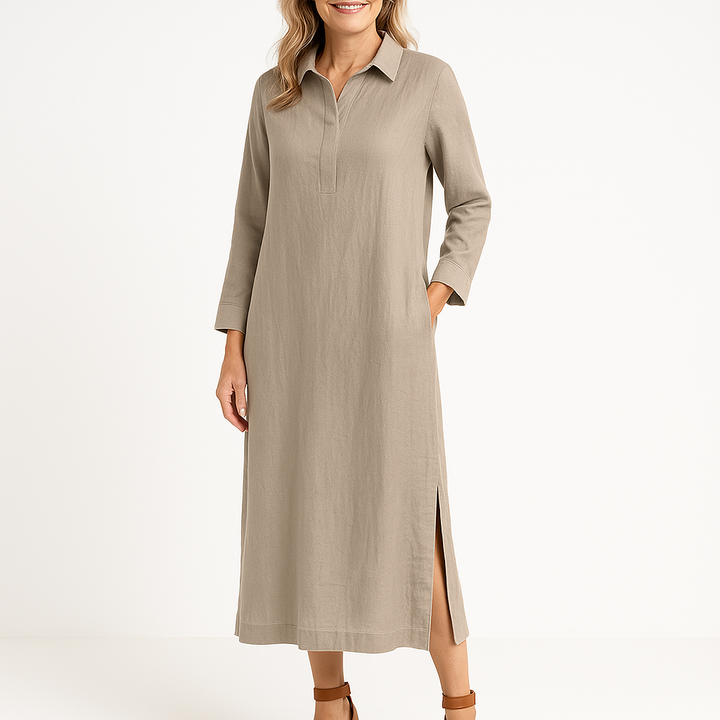 Women’s Midi Dress - Lightweight Linen Blend - Relaxed Fit - Long Sleeve with Pockets