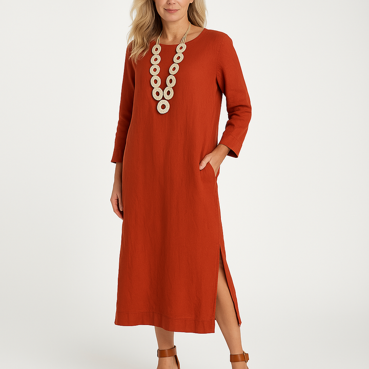 Women’s Midi Dress - Lightweight Linen Blend - Relaxed Fit - Long Sleeve with Pockets