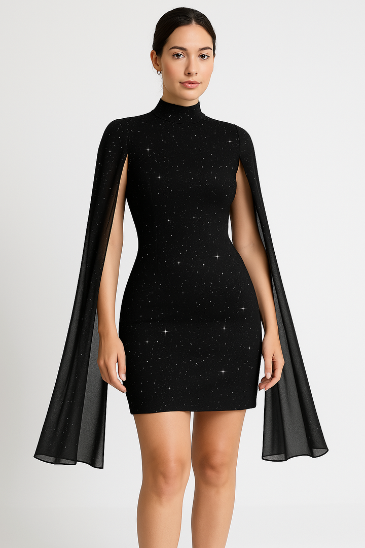Women’s Mini Dress – Bodycon Fit – High Neck – Cape Sleeves – Shimmer Finish Evening Wear