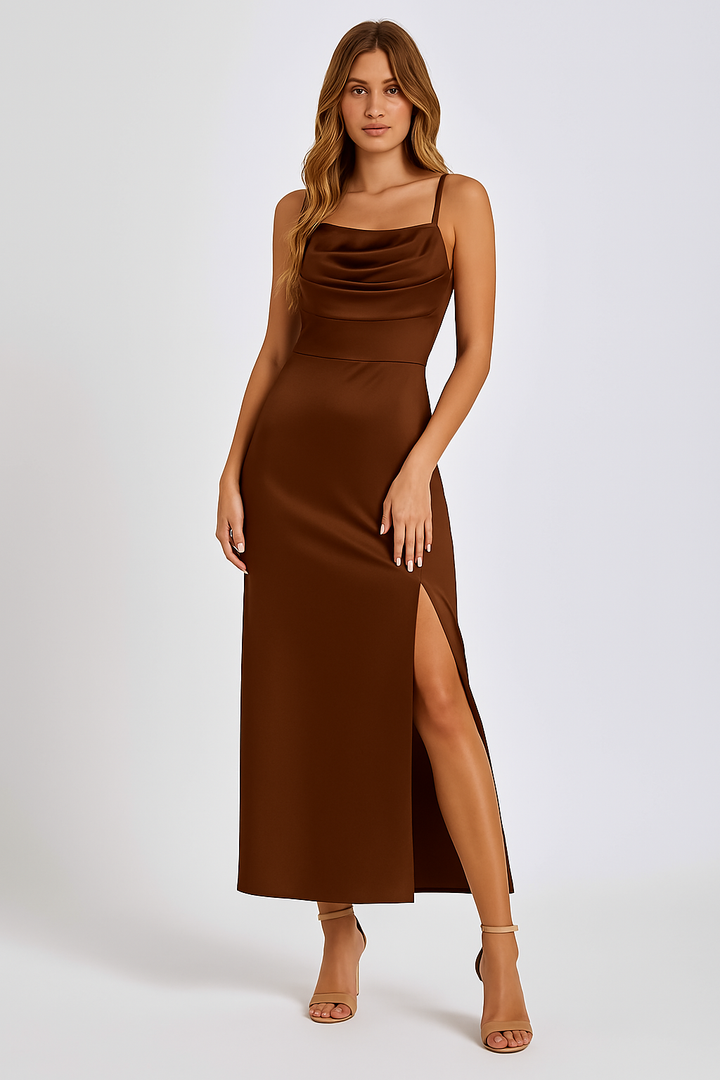 Women’s Evening Gown – Satin Finish – Cowl Neck – Spaghetti Straps – Side Slit – Floor Length
