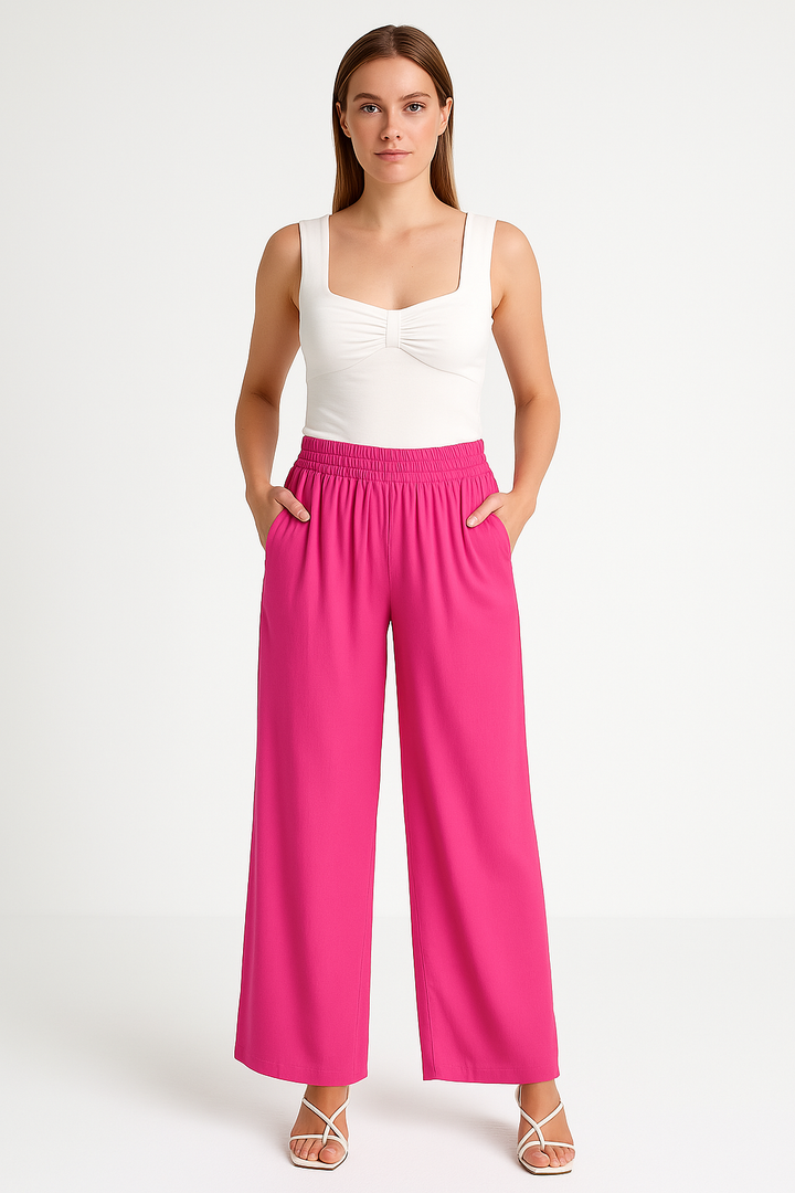 Women's Wide-Leg Pants - Elastic Waistband - Full Length - Relaxed Fit - Front Pockets