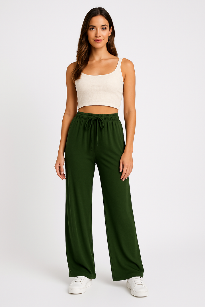 Women’s Wide-Leg Pants - Relaxed Fit - Elastic Waist with Drawstring - Full Length