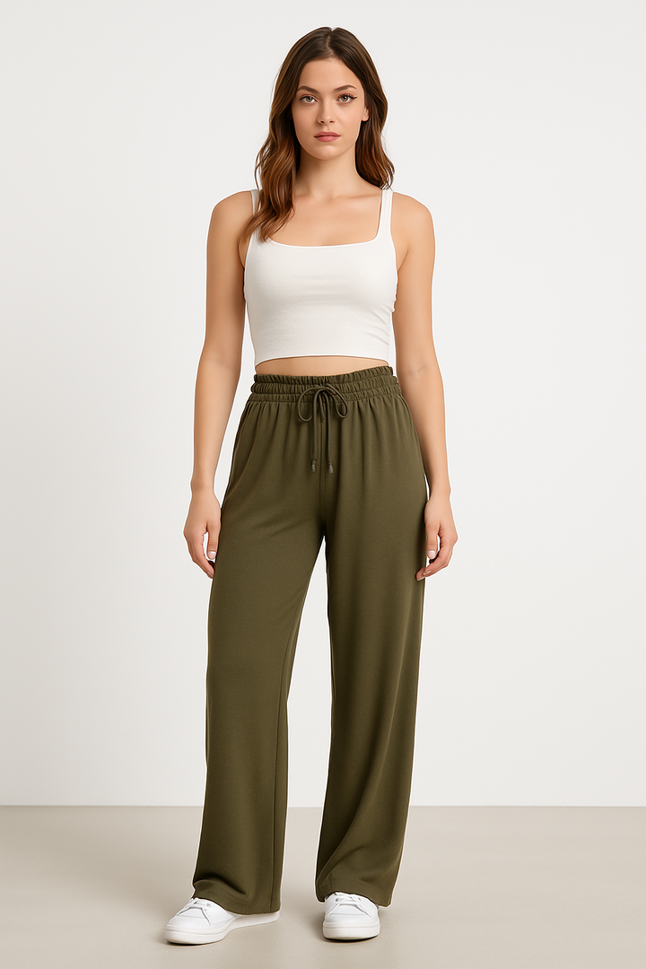 Women’s Wide-Leg Pants - Relaxed Fit - Elastic Waist with Drawstring - Full Length