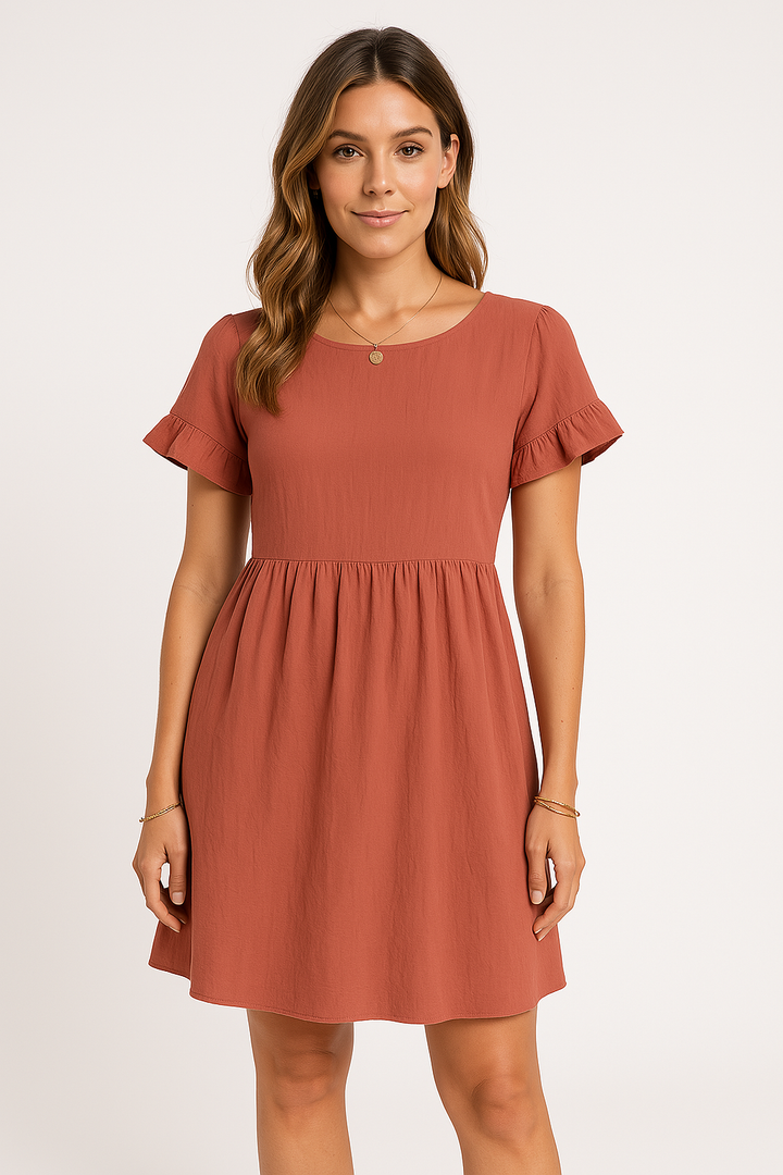 Women’s Short Dress – Lightweight Cotton Blend – Ruffle Sleeve – Round Neck – Above Knee
