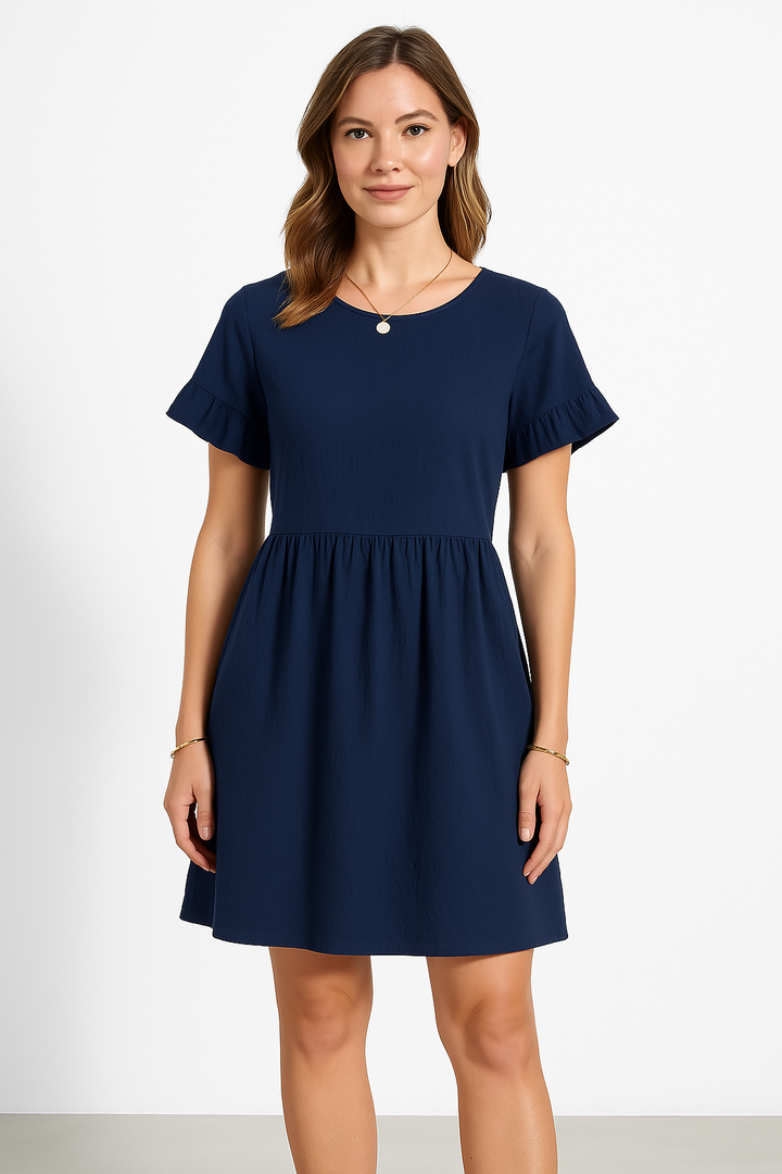 Women’s Short Dress – Lightweight Cotton Blend – Ruffle Sleeve – Round Neck – Above Knee