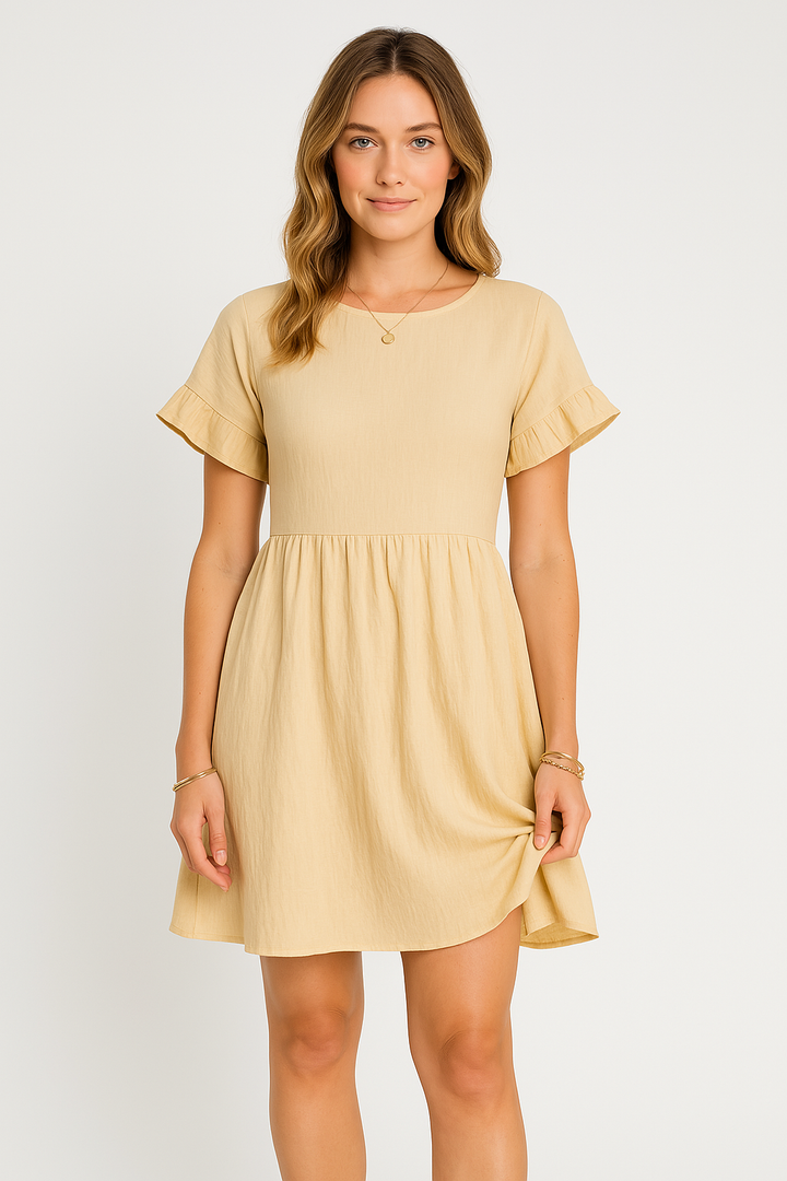 Women’s Short Dress – Lightweight Cotton Blend – Ruffle Sleeve – Round Neck – Above Knee