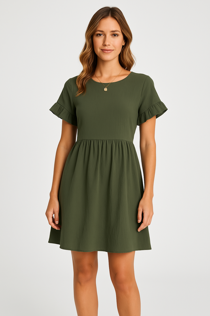 Women’s Short Dress – Lightweight Cotton Blend – Ruffle Sleeve – Round Neck – Above Knee