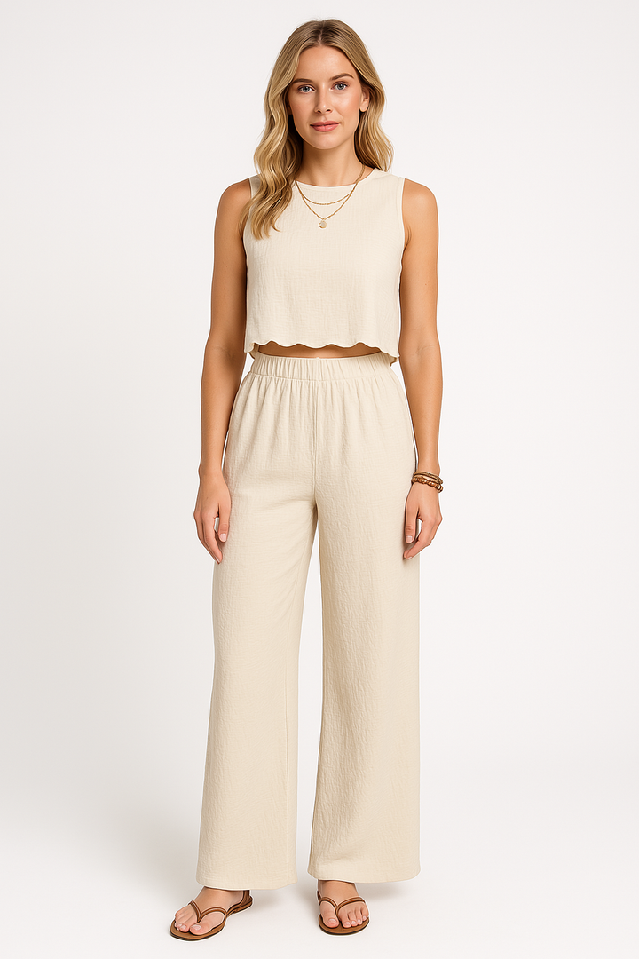 Women’s Two-Piece Set – Sleeveless Crop Top – Scalloped Hem – High-Waist Wide-Leg Pants