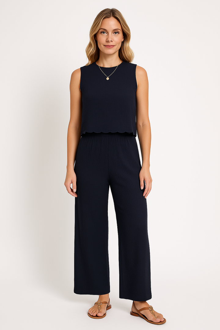 Women’s Two-Piece Set – Sleeveless Crop Top – Scalloped Hem – High-Waist Wide-Leg Pants