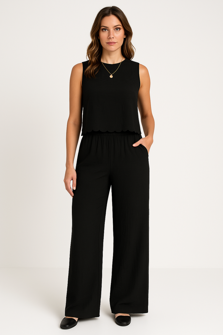 Women’s Two-Piece Set – Sleeveless Crop Top – Scalloped Hem – High-Waist Wide-Leg Pants