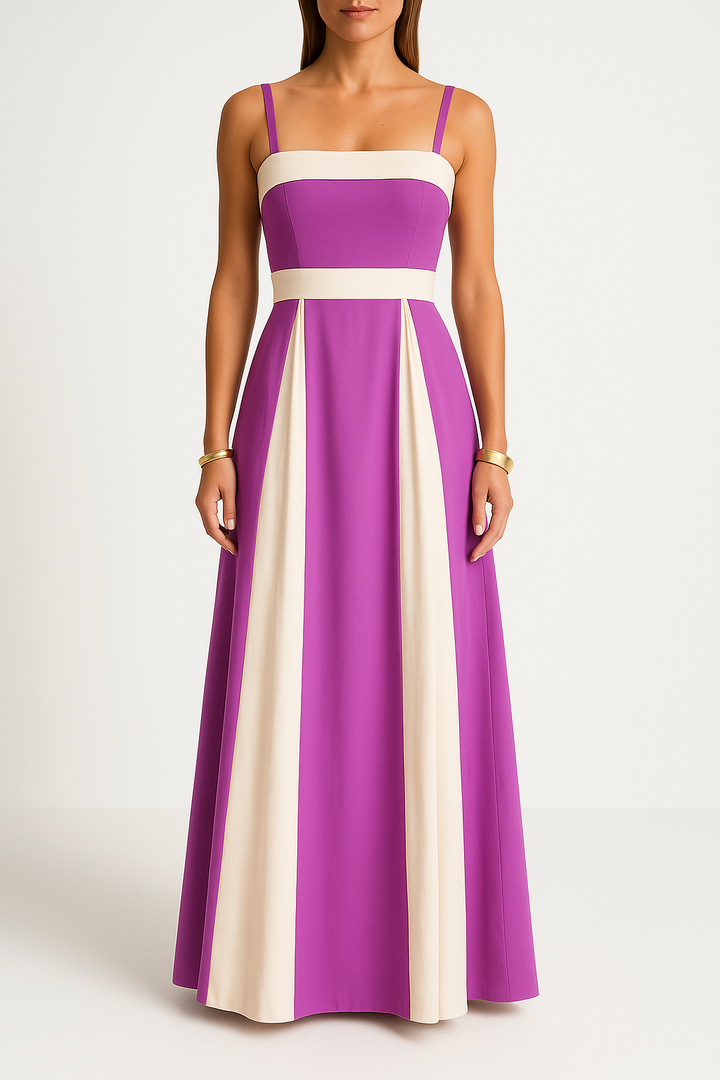 Women’s Maxi Dress – A-Line Fit – Square Neckline – Strappy Bodice – Panel Detailing