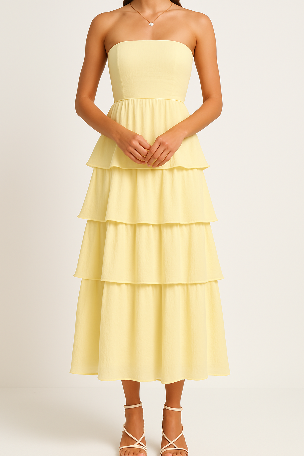 Women’s Strapless Midi Dress – Fitted Bodice – Tiered Ruffle Skirt – Lightweight Flowing Fit