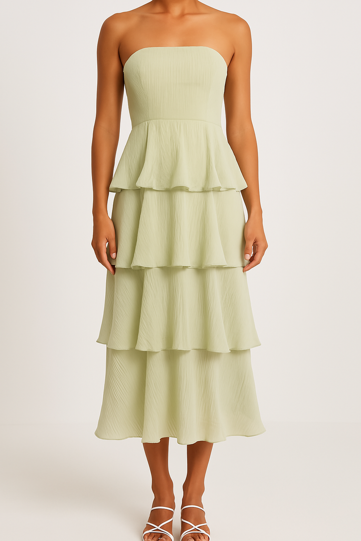 Women’s Strapless Midi Dress – Fitted Bodice – Tiered Ruffle Skirt – Lightweight Flowing Fit