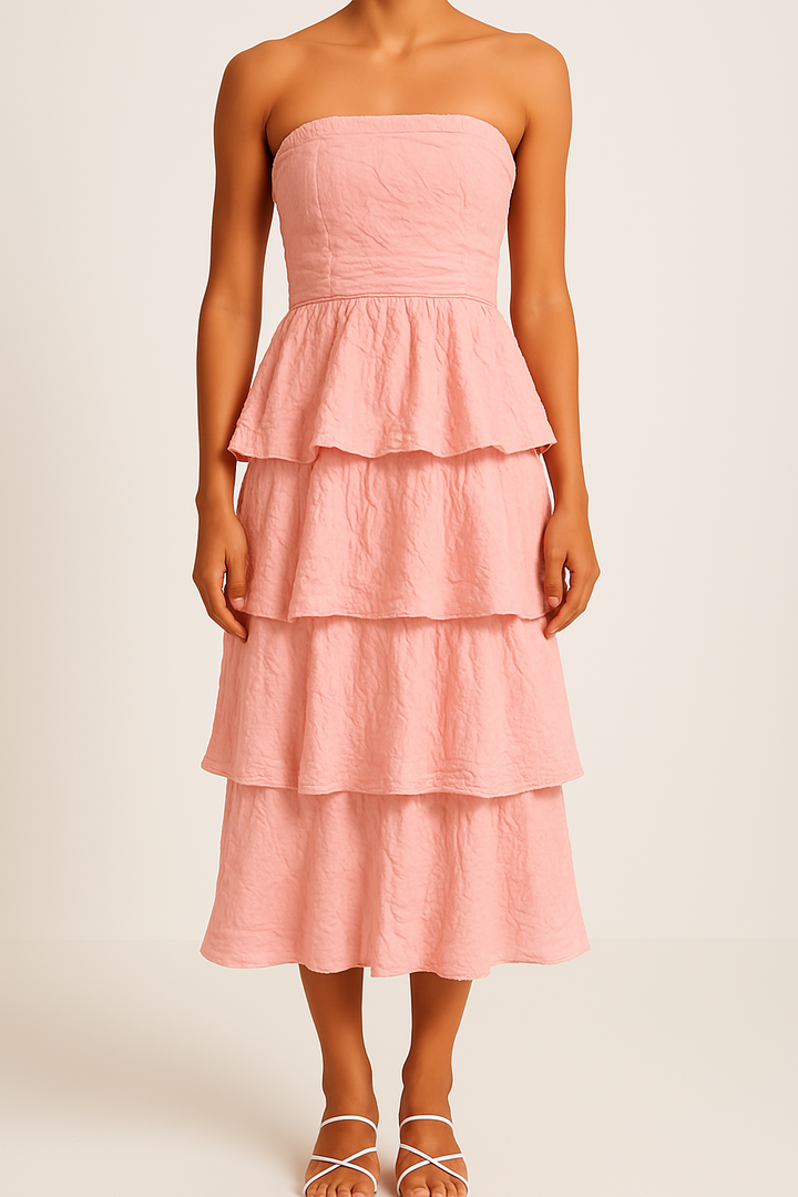 Women’s Strapless Midi Dress – Fitted Bodice – Tiered Ruffle Skirt – Lightweight Flowing Fit