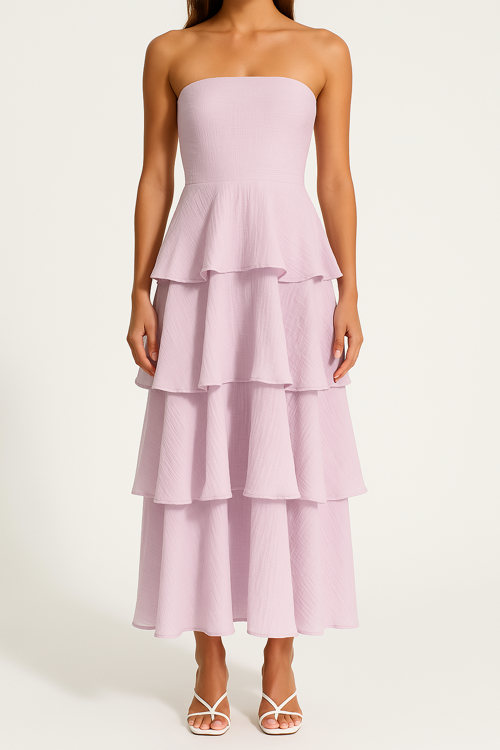 Women’s Strapless Midi Dress – Fitted Bodice – Tiered Ruffle Skirt – Lightweight Flowing Fit