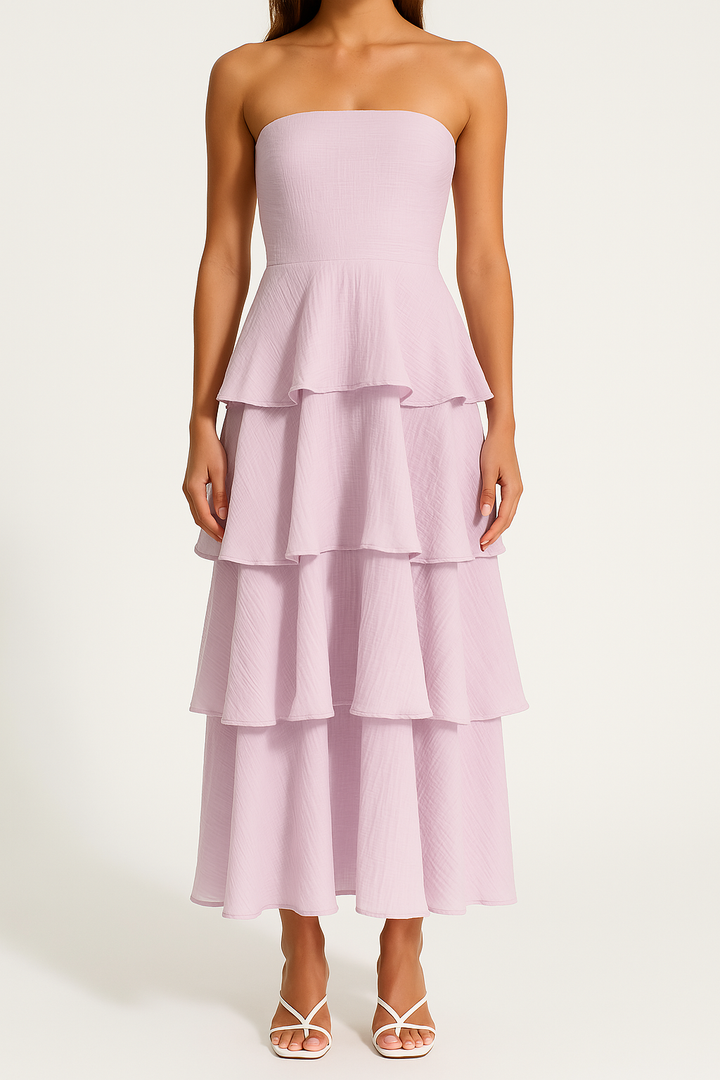 Women’s Strapless Midi Dress – Fitted Bodice – Tiered Ruffle Skirt – Lightweight Flowing Fit