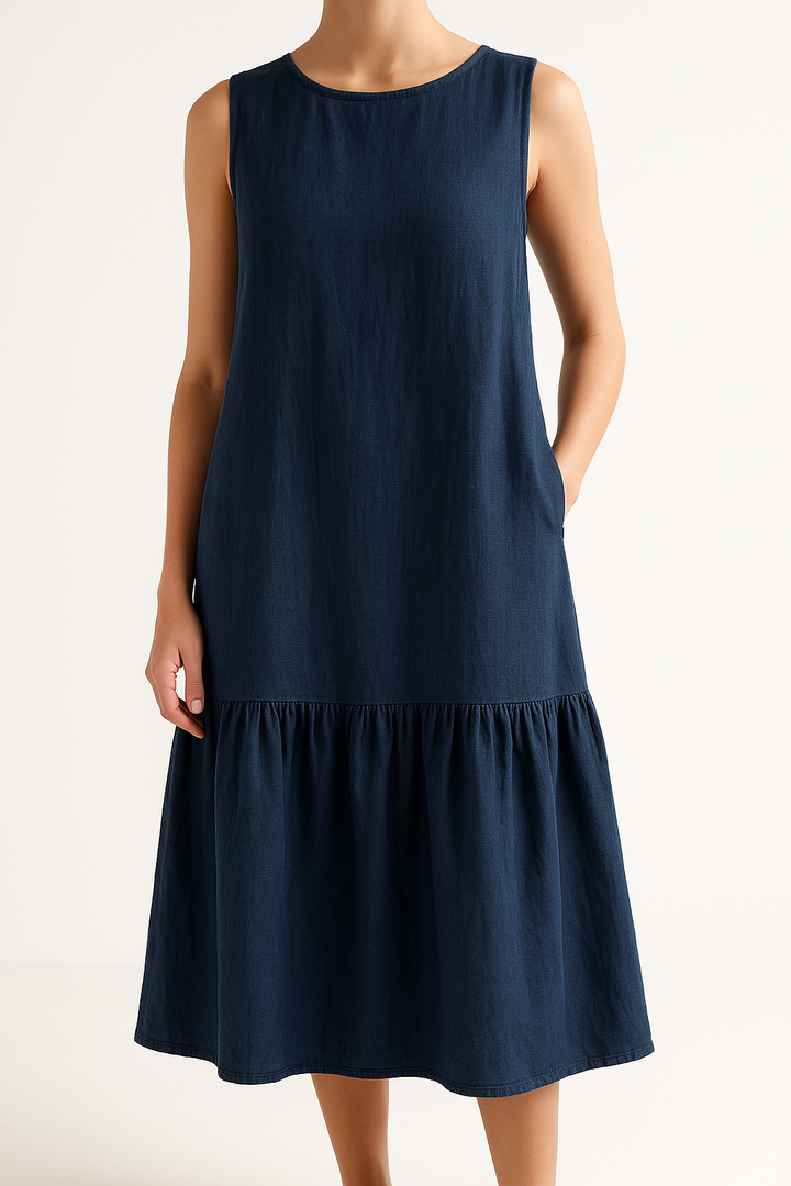 Women’s Sleeveless Dress - Lightweight Linen Blend - A-Line Fit - Ruffled Hem