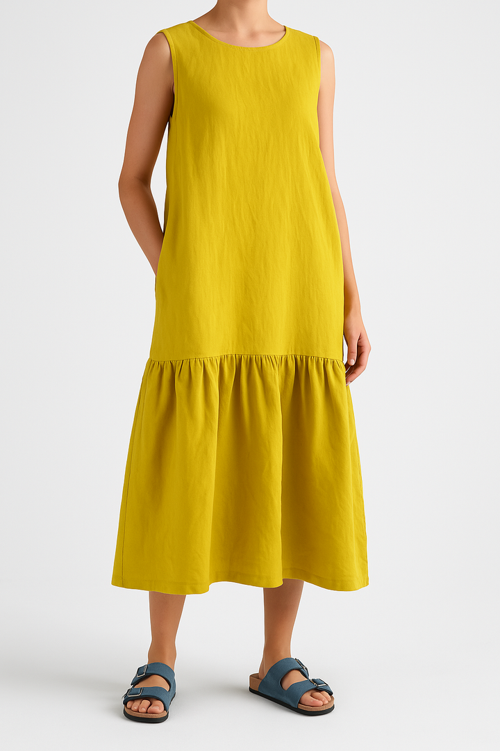 Women’s Sleeveless Dress - Lightweight Linen Blend - A-Line Fit - Ruffled Hem