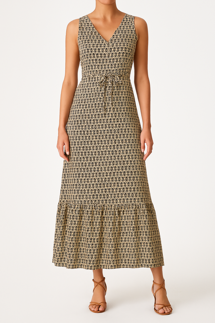 Women's Maxi Dress - V-Neck - Sleeveless - Adjustable Waist - Tiered Flowy Skirt