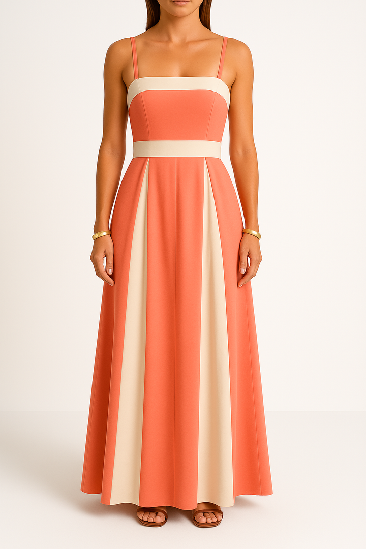 Women’s Maxi Dress – A-Line Fit – Square Neckline – Strappy Bodice – Panel Detailing